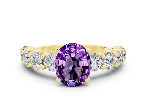 Yellow gold Oval Cut Amethyst Prong Setting with Side Stones on a Pave Band