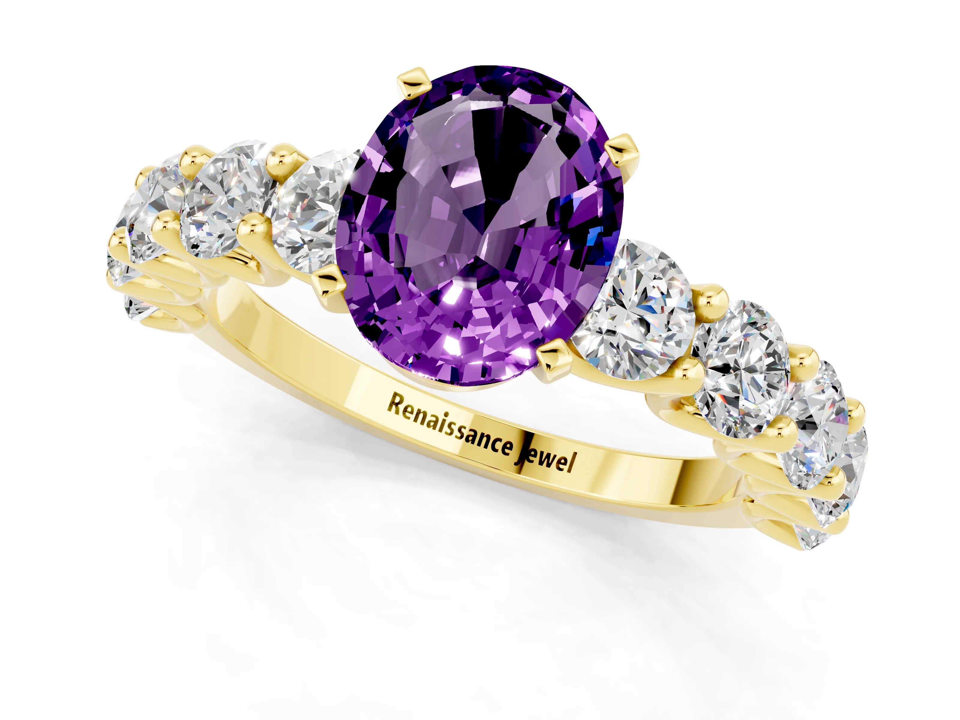 Yellow gold Oval Cut Amethyst Prong Setting with Side Stones on a Pave Band_1