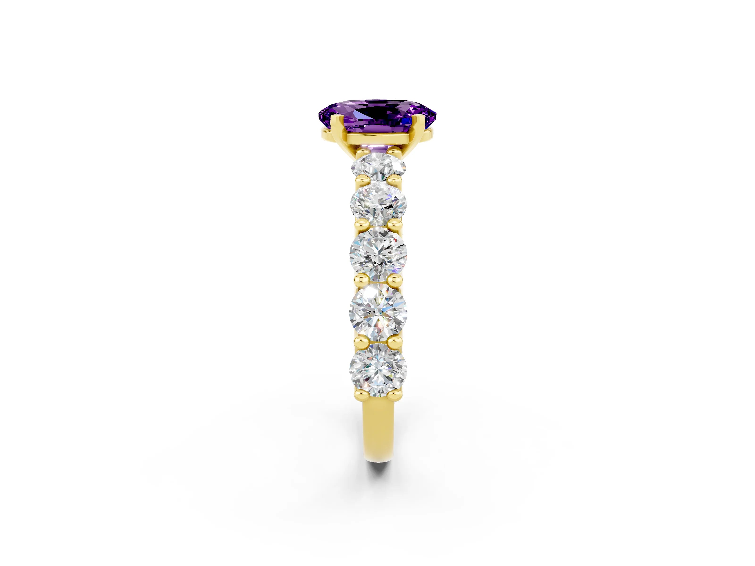 Yellow gold Oval Cut Amethyst Prong Setting with Side Stones on a Pave Band_2