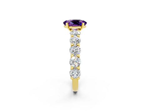 Yellow gold Oval Cut Amethyst Prong Setting with Side Stones on a Pave Band_2