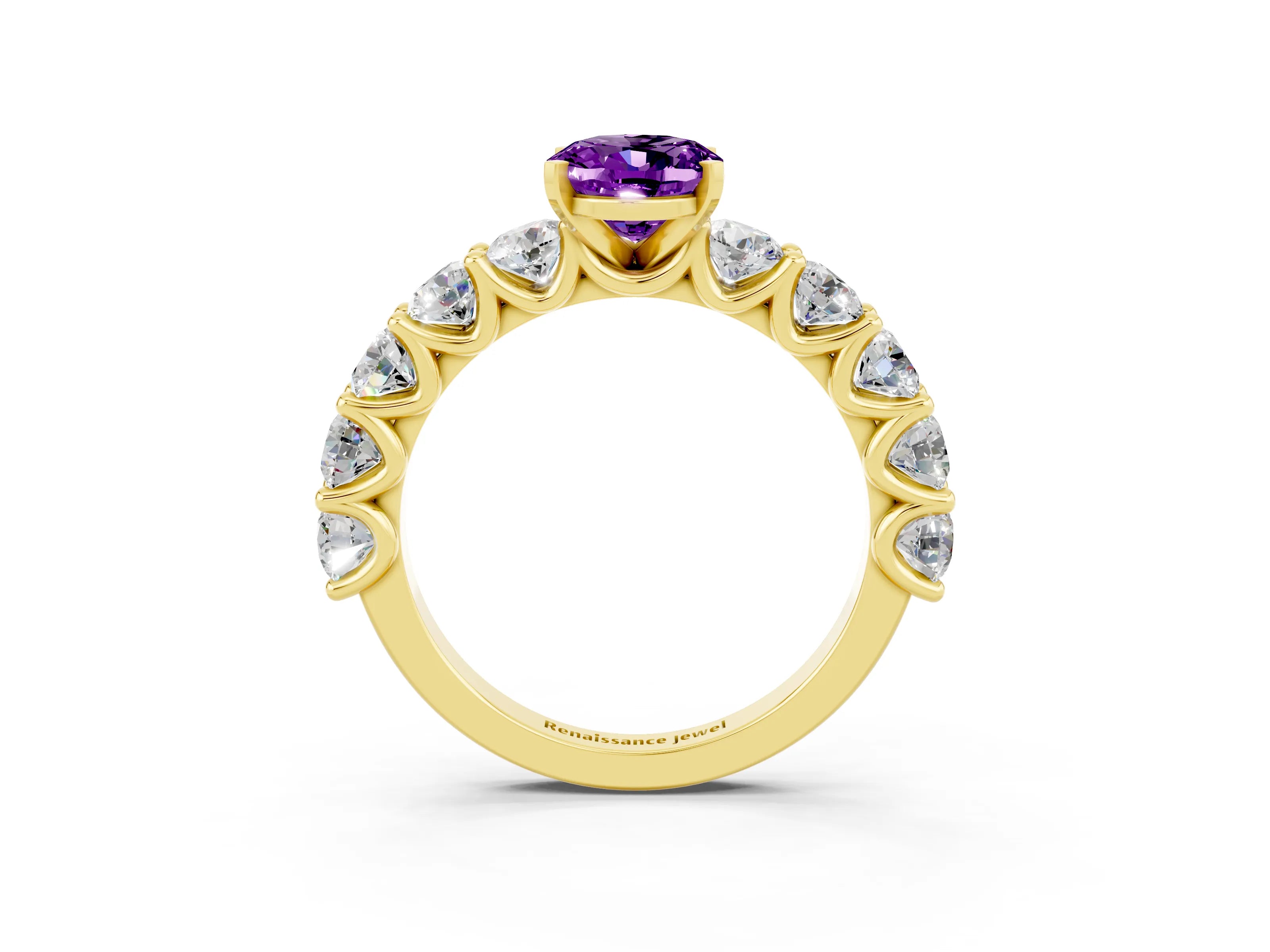 Yellow gold Oval Cut Amethyst Prong Setting with Side Stones on a Pave Band_3