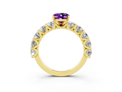 Yellow gold Oval Cut Amethyst Prong Setting with Side Stones on a Pave Band_3