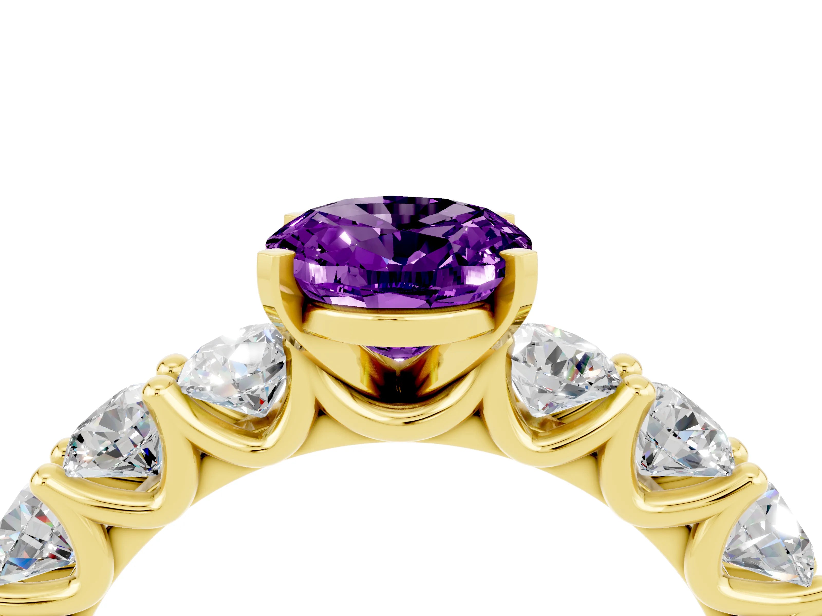 Yellow gold Oval Cut Amethyst Prong Setting with Side Stones on a Pave Band_4
