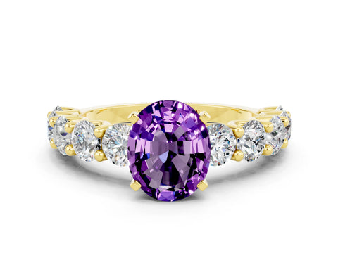 Yellow gold Oval Cut Amethyst Prong Setting with Side Stones on a Pave Band