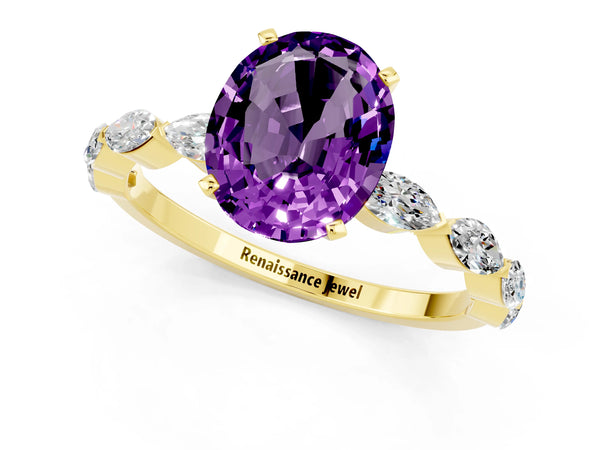 Yellow gold Oval Cut Amethyst Ring with Marquise Side Stones and Prong Setting