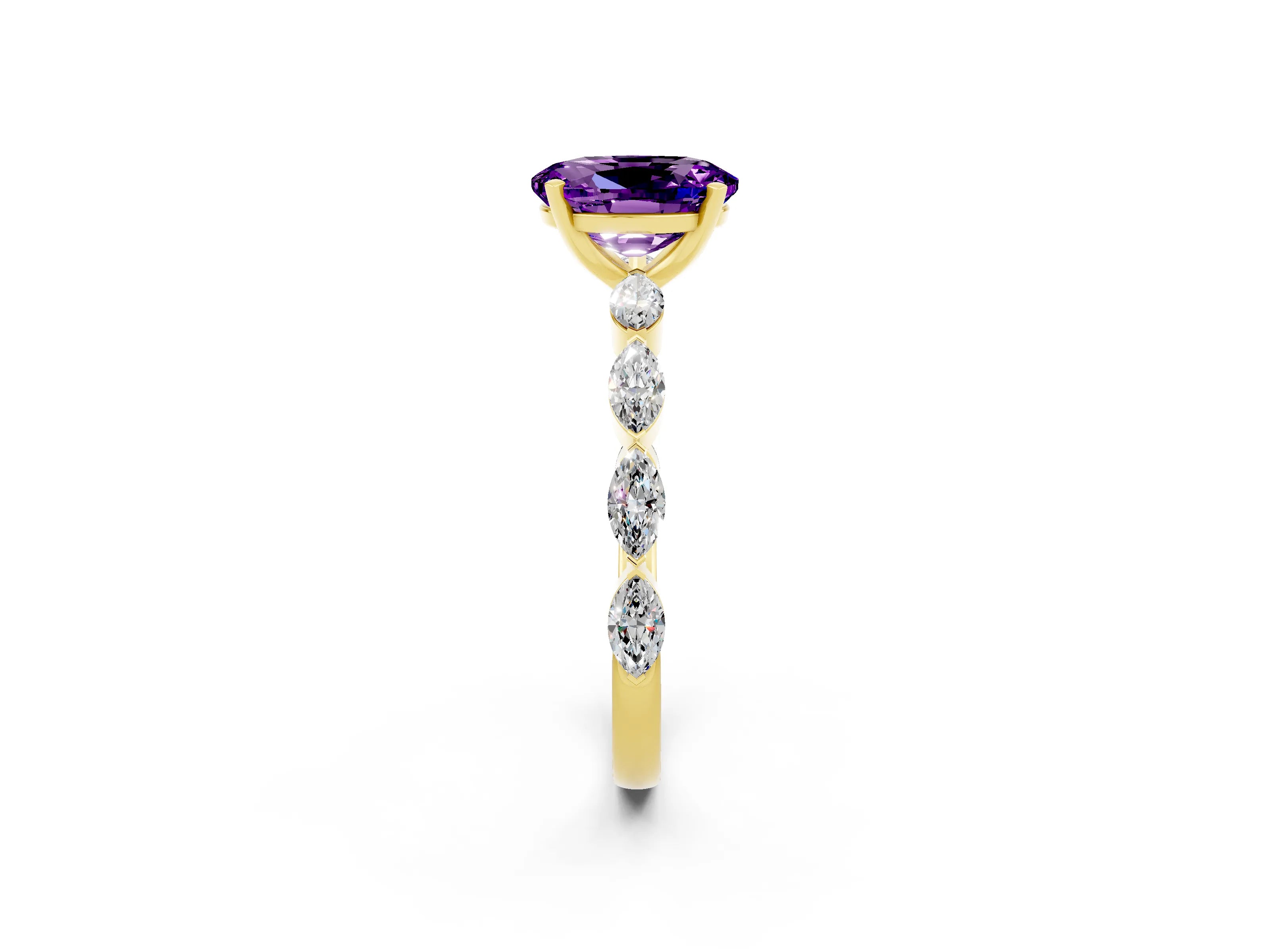 Yellow gold Oval Cut Amethyst Ring with Marquise Side Stones and Prong Setting_2