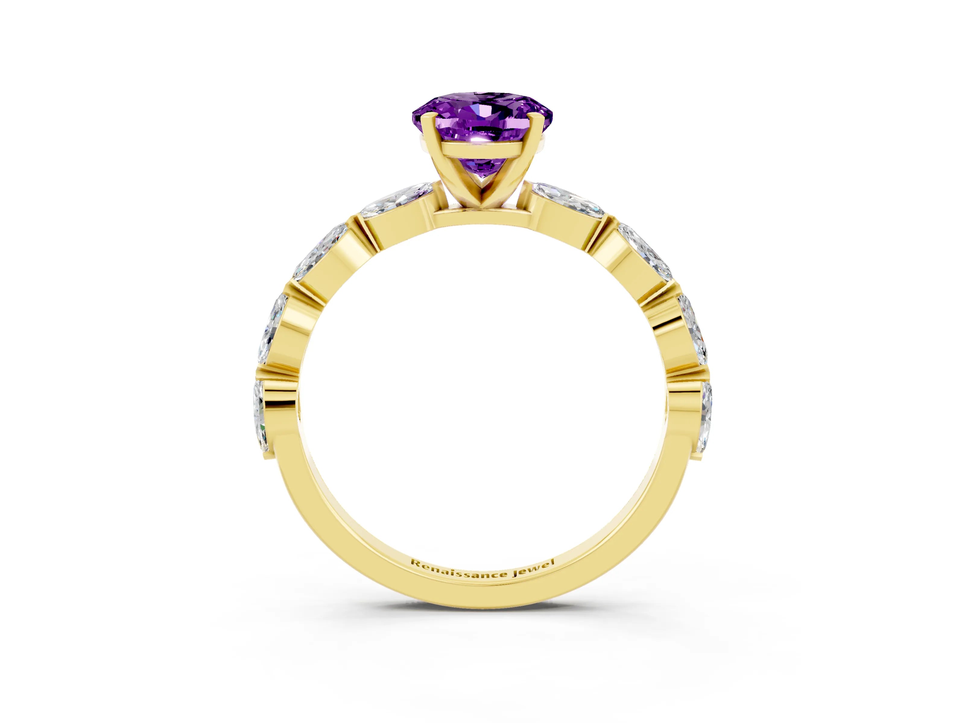 Yellow gold Oval Cut Amethyst Ring with Marquise Side Stones and Prong Setting_3