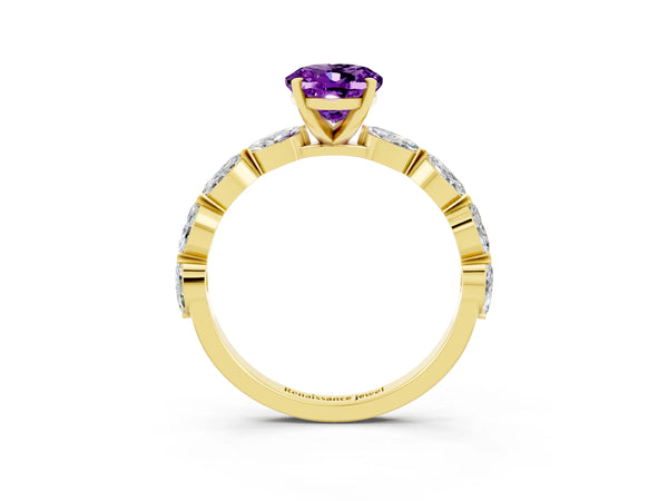 Yellow gold Oval Cut Amethyst Ring with Marquise Side Stones and Prong Setting