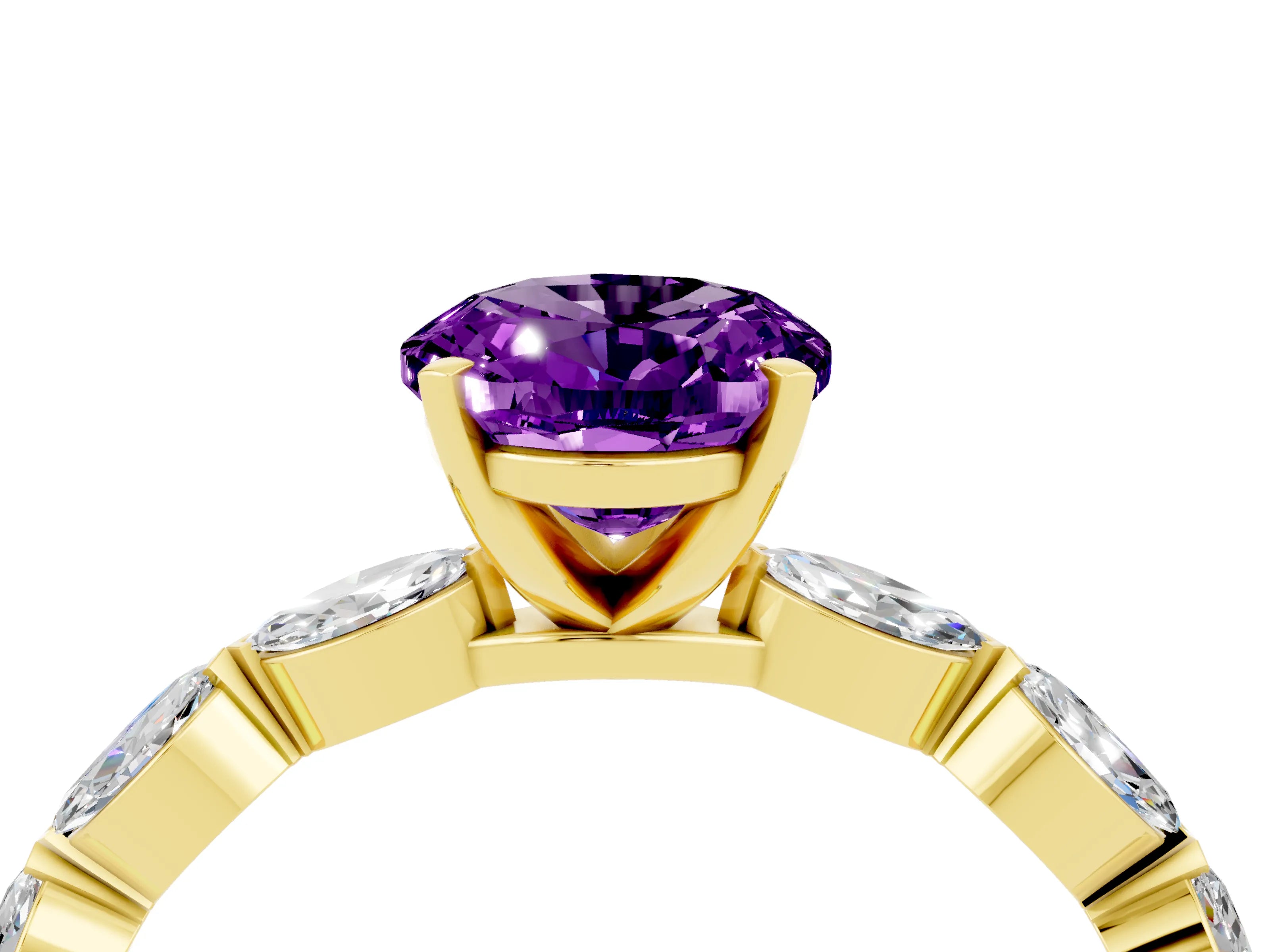 Yellow gold Oval Cut Amethyst Ring with Marquise Side Stones and Prong Setting_4