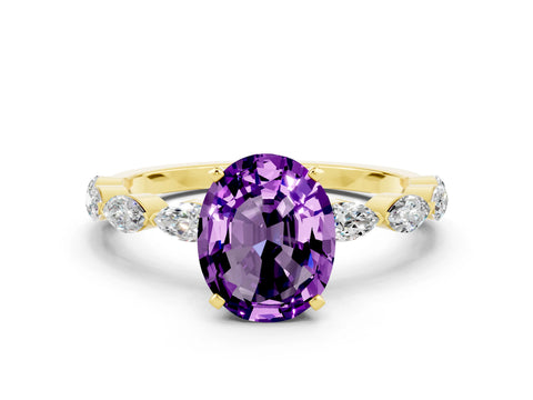 Yellow gold Oval Cut Amethyst Ring with Marquise Side Stones and Prong Setting