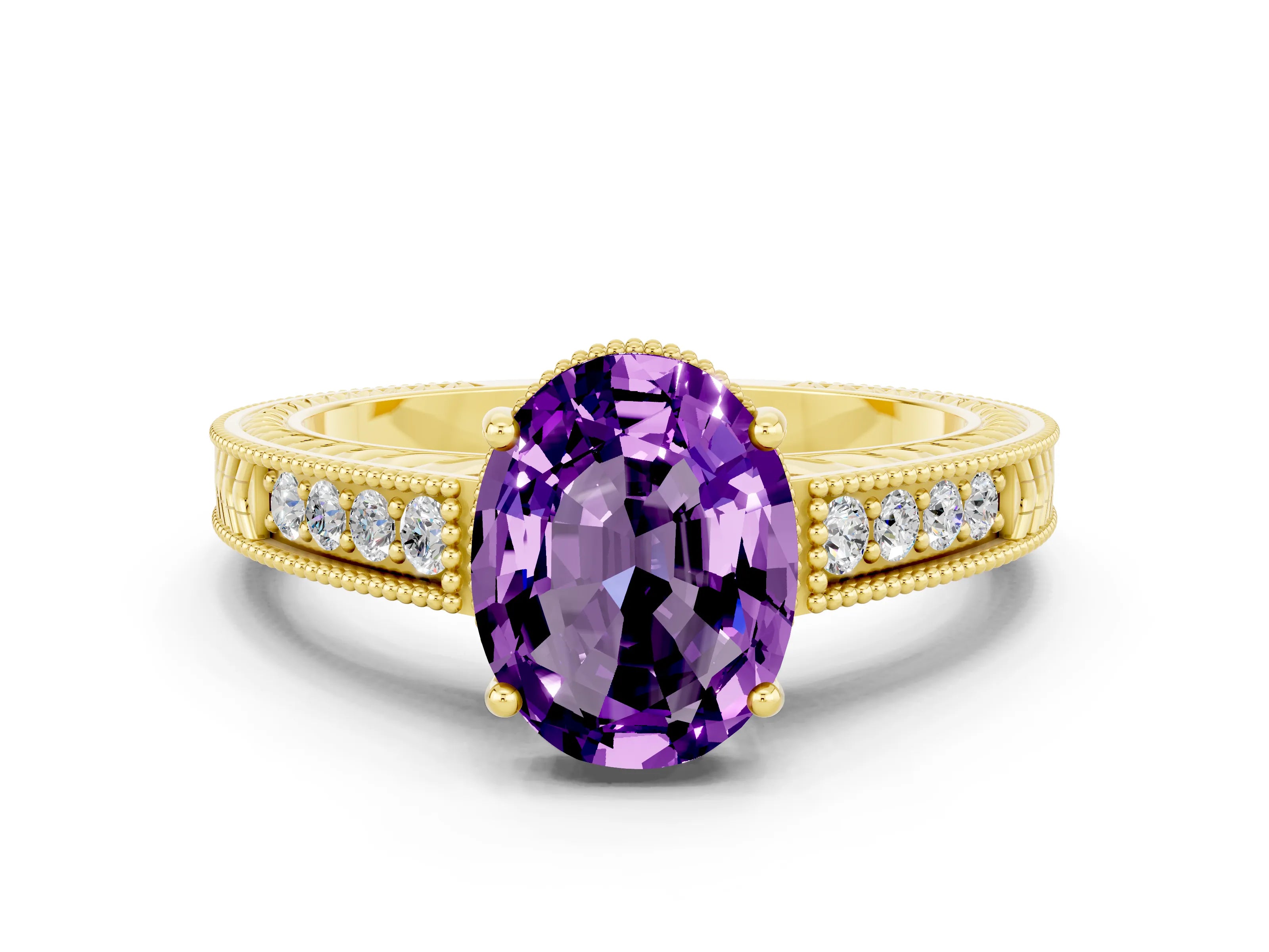 Yellow gold Oval Cut Amethyst Ring with Milgrain Pavé Band and Four-Prong Setting_12