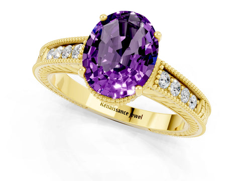 Yellow gold Oval Cut Amethyst Ring with Milgrain Pavé Band and Four-Prong Setting_13