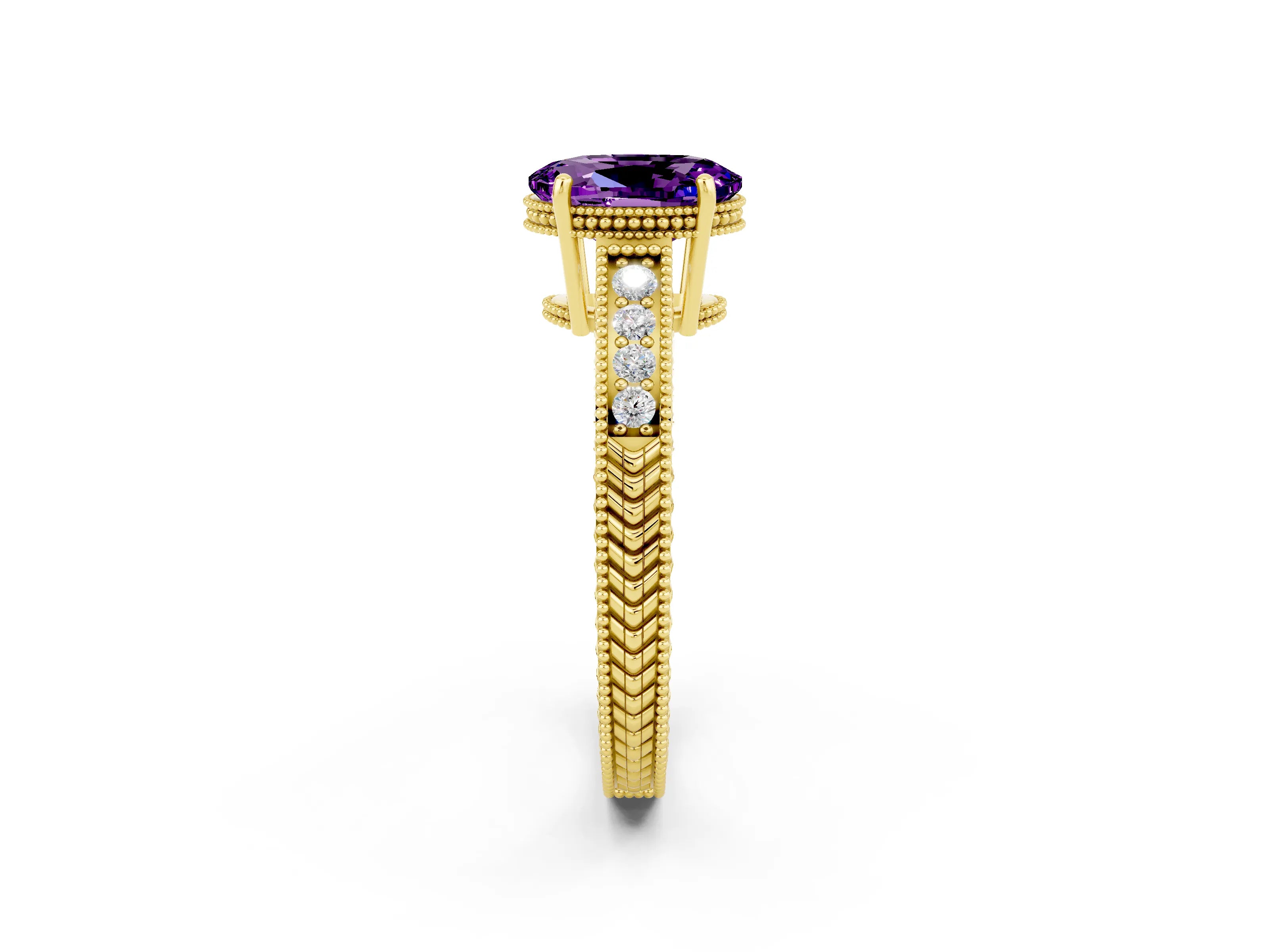 Yellow gold Oval Cut Amethyst Ring with Milgrain Pavé Band and Four-Prong Setting_14