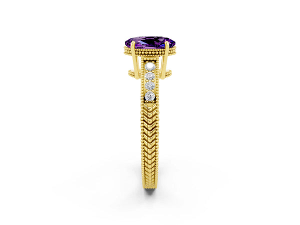 Yellow gold Oval Cut Amethyst Ring with Milgrain Pavé Band and Four-Prong Setting