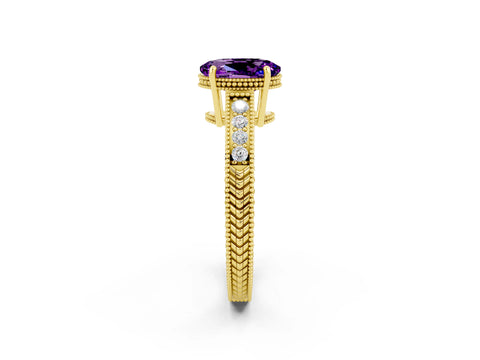 Yellow gold Oval Cut Amethyst Ring with Milgrain Pavé Band and Four-Prong Setting_14