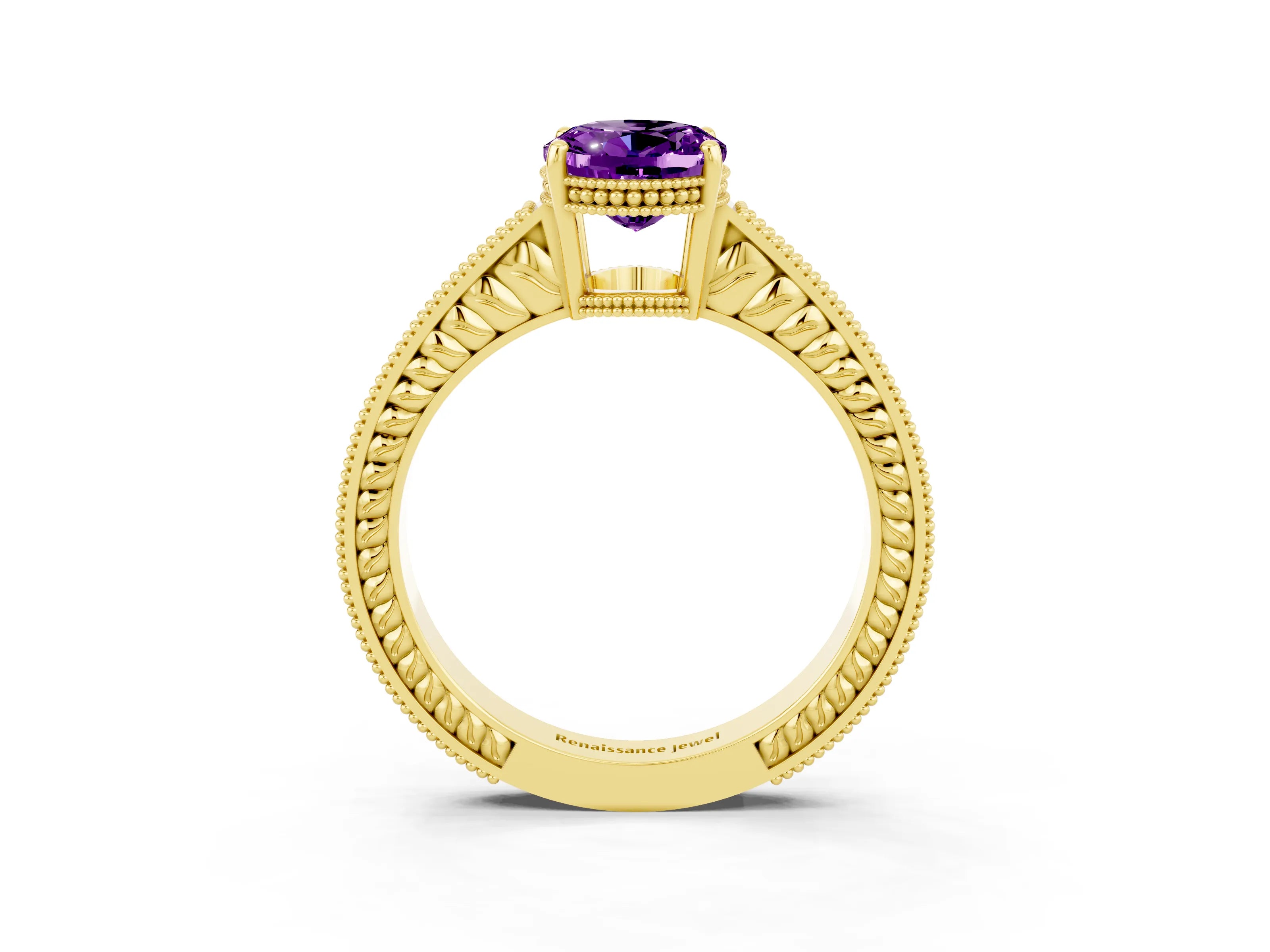 Yellow gold Oval Cut Amethyst Ring with Milgrain Pavé Band and Four-Prong Setting_15