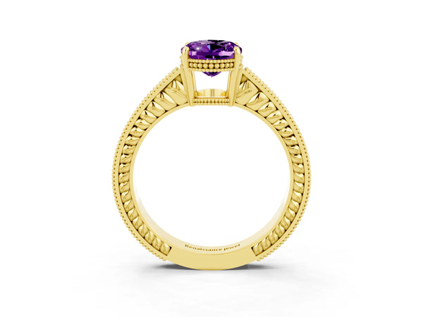 Yellow gold Oval Cut Amethyst Ring with Milgrain Pavé Band and Four-Prong Setting