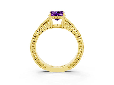 Yellow gold Oval Cut Amethyst Ring with Milgrain Pavé Band and Four-Prong Setting_15