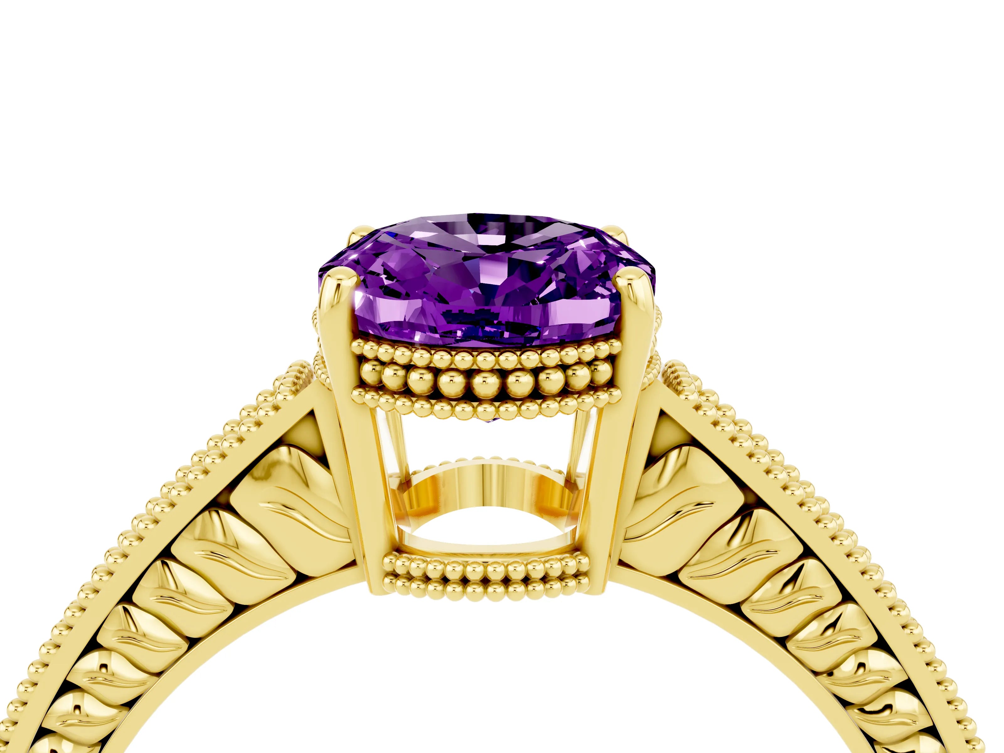 Yellow gold Oval Cut Amethyst Ring with Milgrain Pavé Band and Four-Prong Setting_16