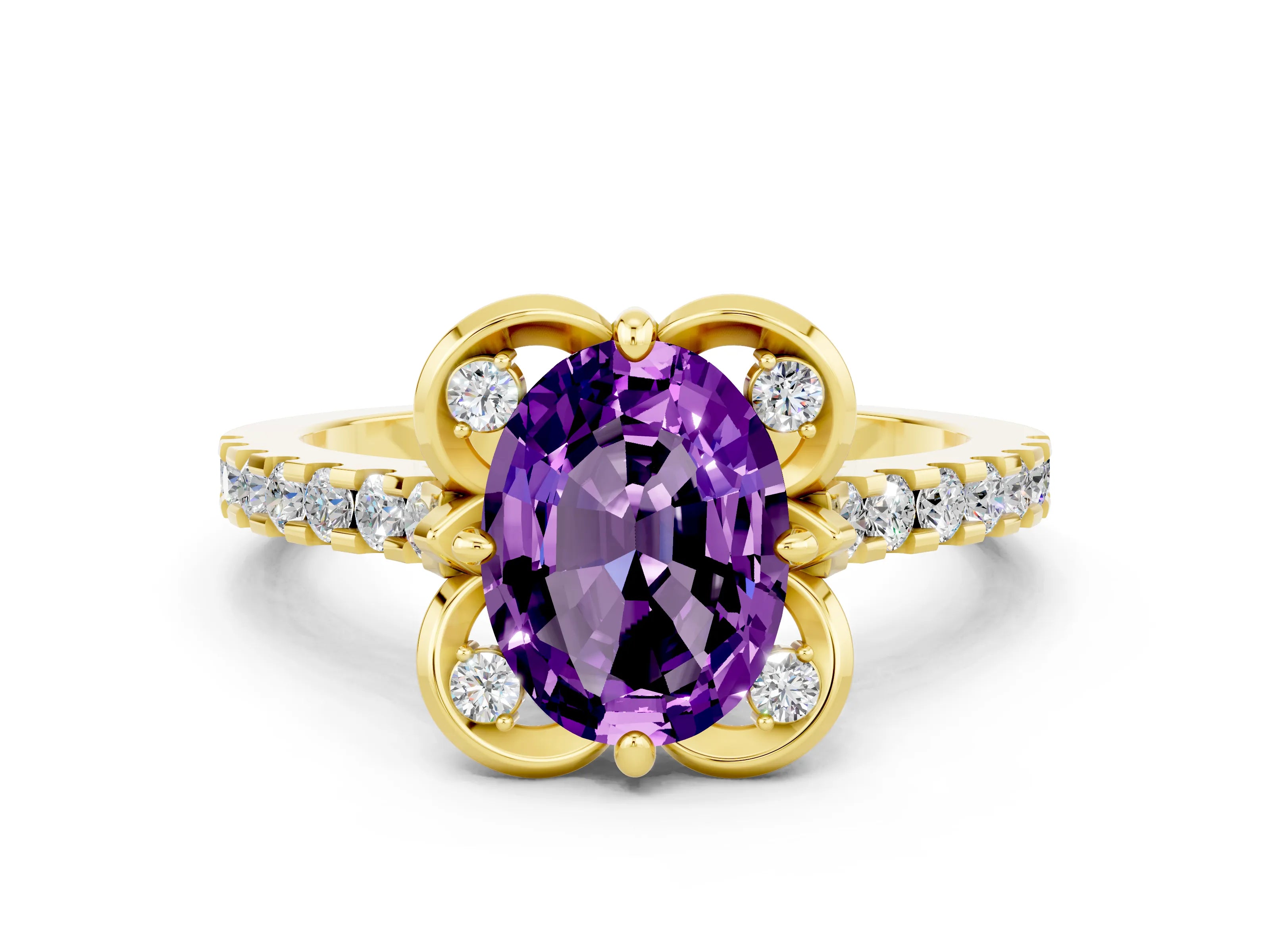 Yellow gold Oval Cut Amethyst Ring with Pavé Band and Floral Prong Setting