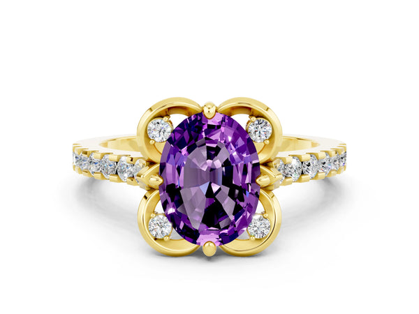 Yellow gold Oval Cut Amethyst Ring with Pavé Band and Floral Prong Setting