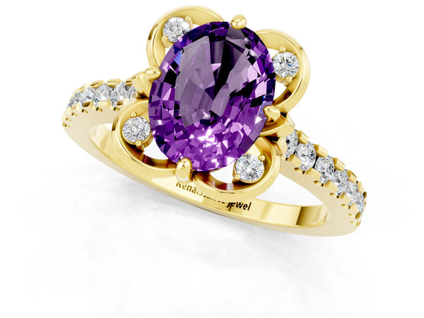 Yellow gold Oval Cut Amethyst Ring with Pavé Band and Floral Prong Setting