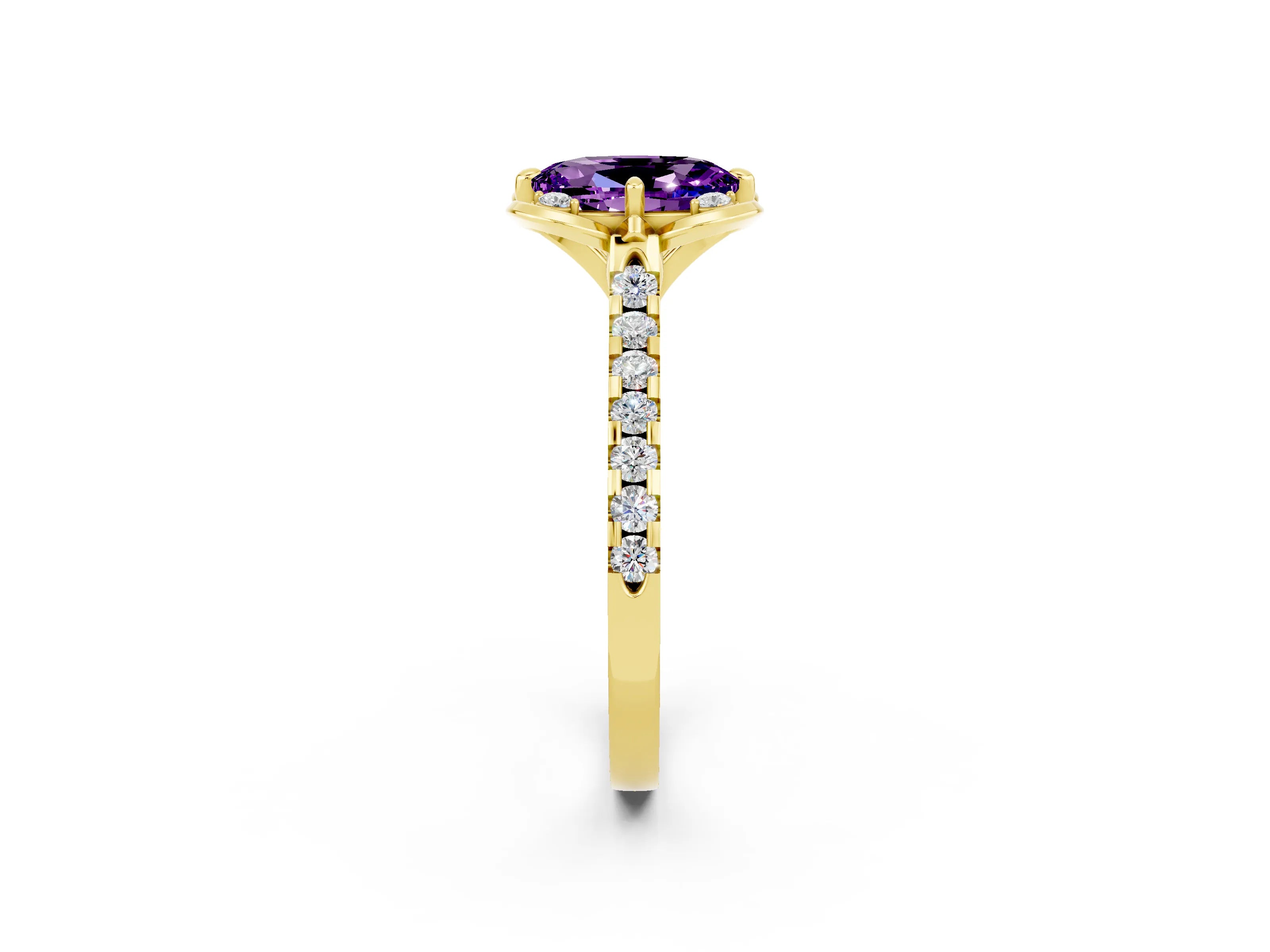 Yellow gold Oval Cut Amethyst Ring with Pavé Band and Floral Prong Setting_2