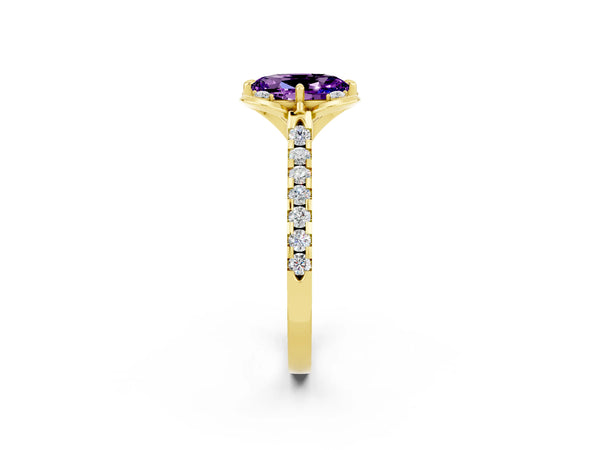 Yellow gold Oval Cut Amethyst Ring with Pavé Band and Floral Prong Setting