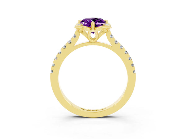 Yellow gold Oval Cut Amethyst Ring with Pavé Band and Floral Prong Setting