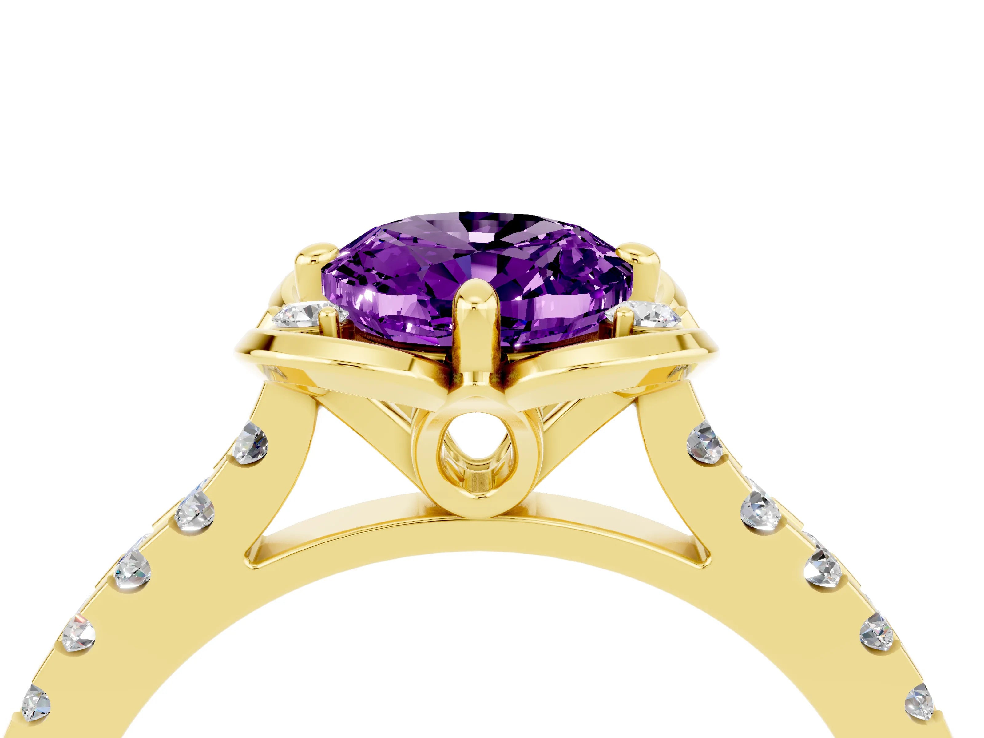 Yellow gold Oval Cut Amethyst Ring with Pavé Band and Floral Prong Setting_4