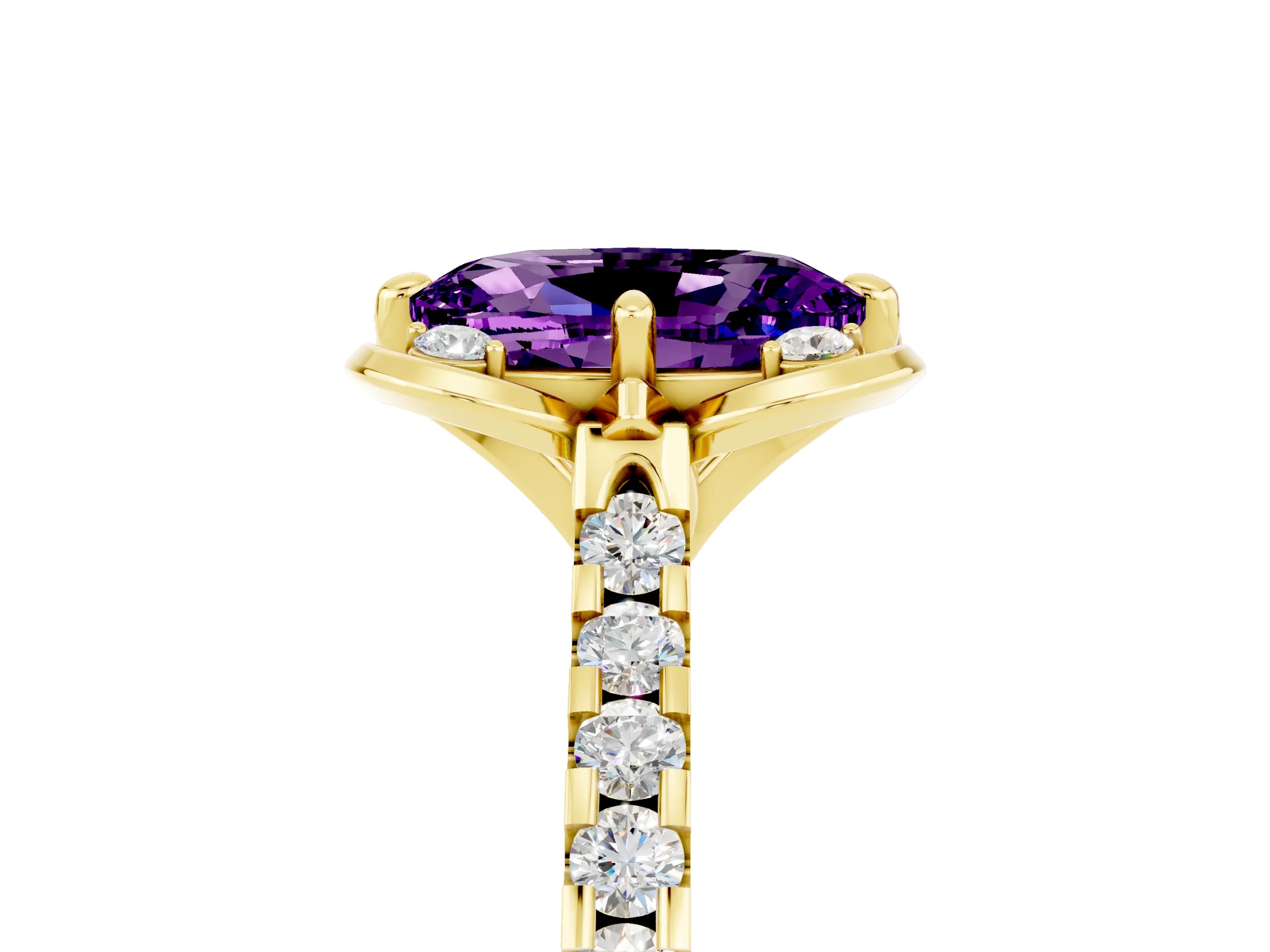 Yellow gold Oval Cut Amethyst Ring with Pavé Band and Floral Prong Setting_5