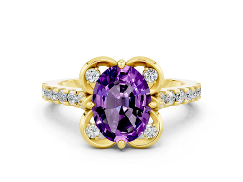 Yellow gold Oval Cut Amethyst Ring with Pavé Band and Floral Prong Setting