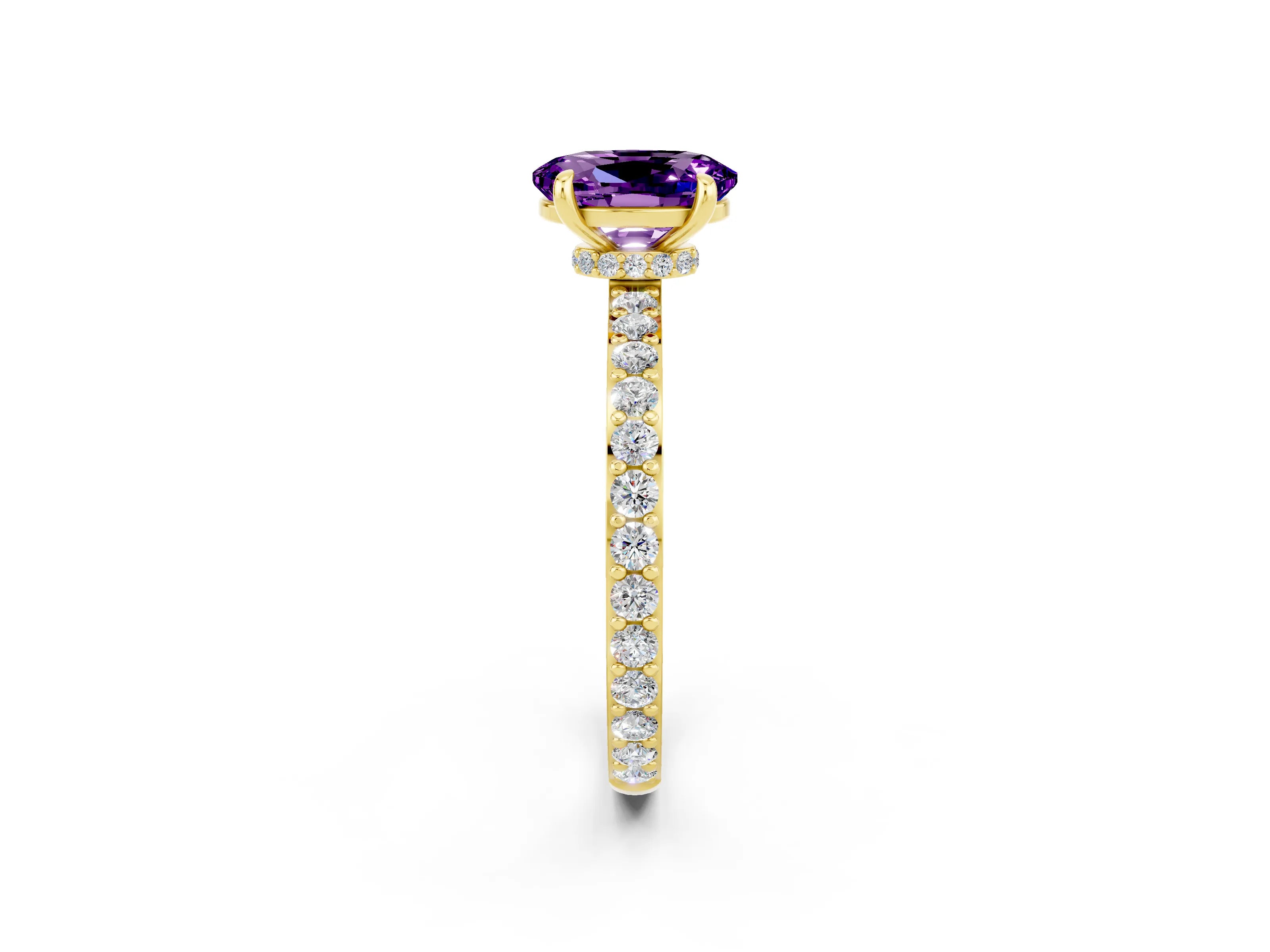 Yellow gold Oval Cut Amethyst Ring with Pavé Band and Four-Prong Setting_2