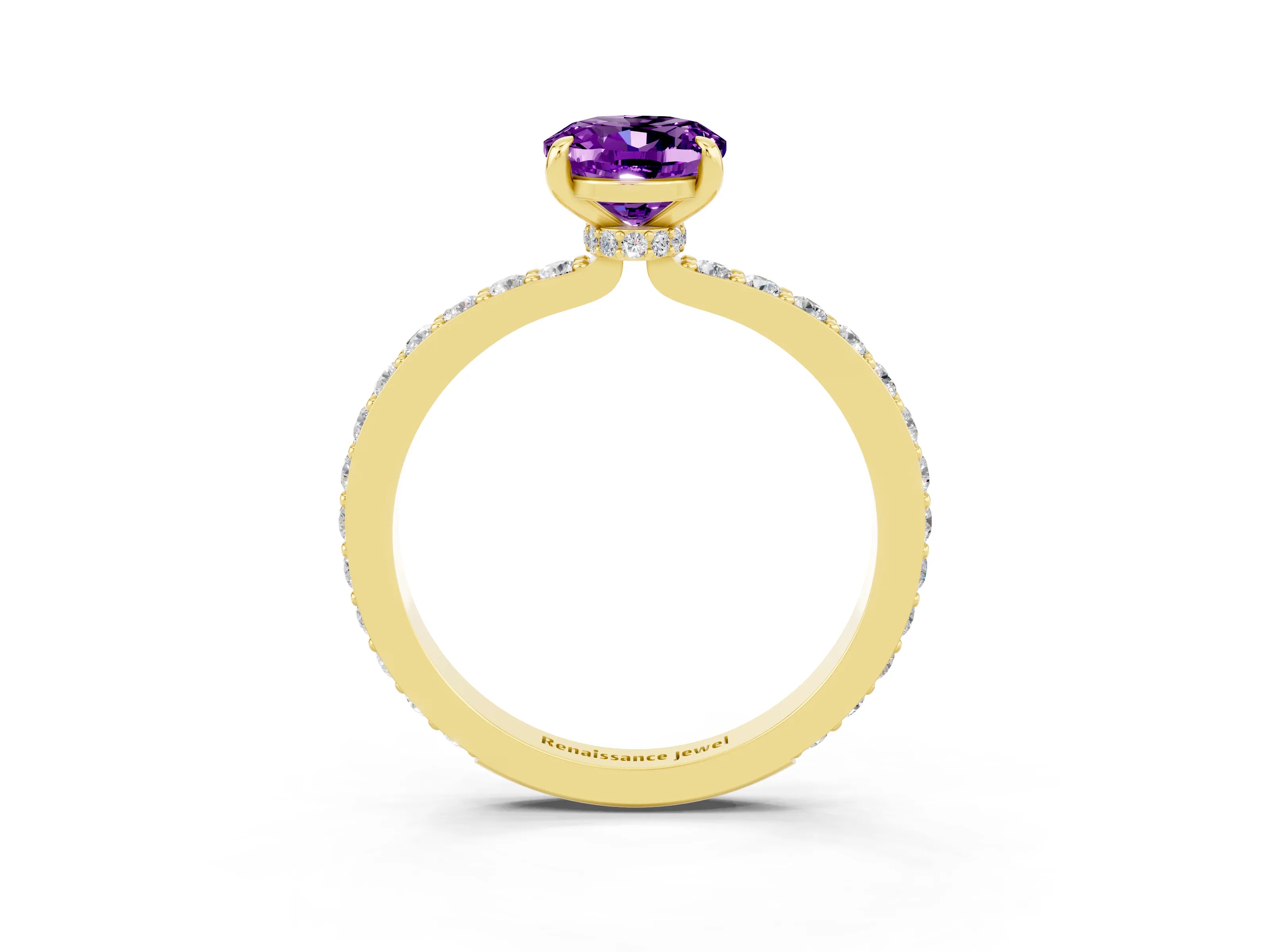 Yellow gold Oval Cut Amethyst Ring with Pavé Band and Four-Prong Setting_3