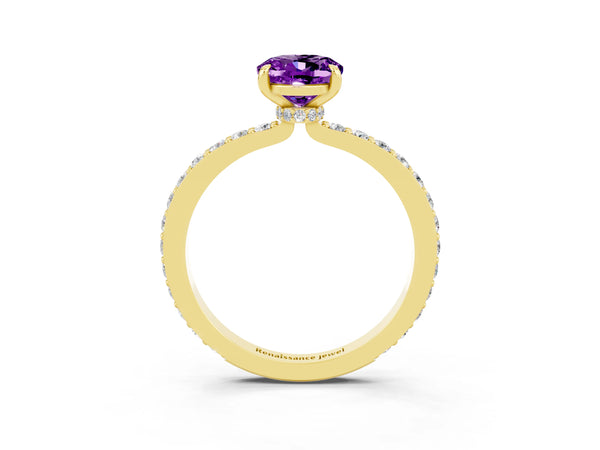 Yellow gold Oval Cut Amethyst Pavé Engagement Ring with Round  Accents and Prong Setting