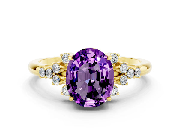 Yellow gold Oval Cut Amethyst Ring with Side Stones and Four-Prong Setting