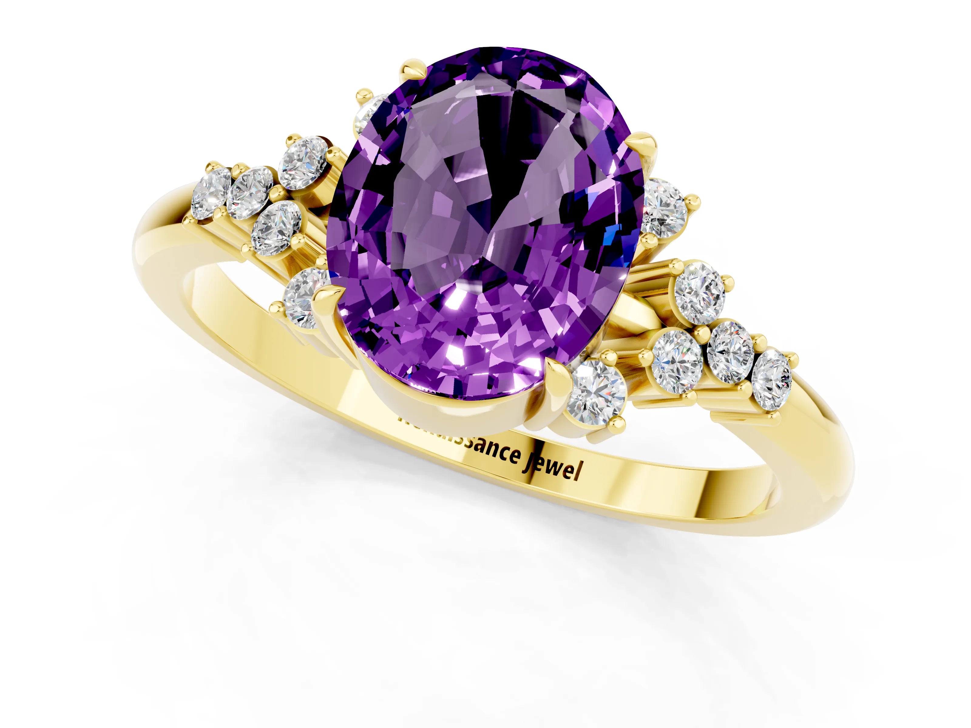 Yellow gold Oval Cut Amethyst Ring with Side Stones and Four-Prong Setting_73