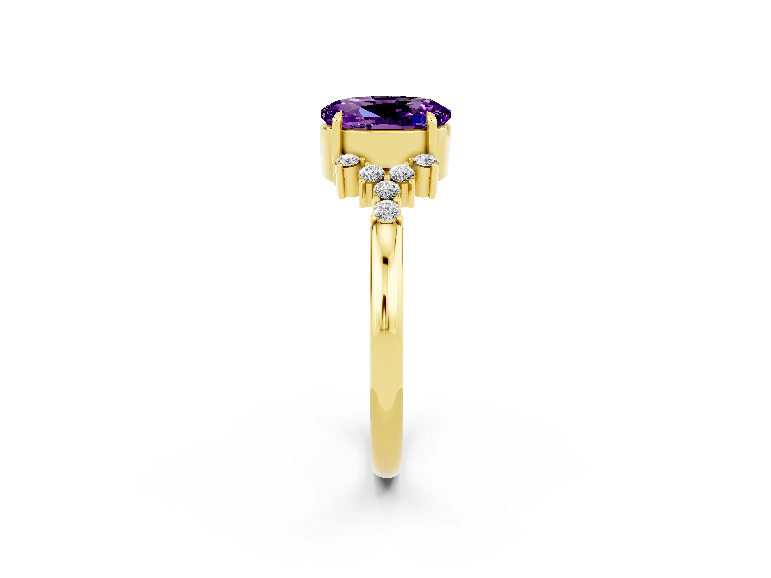 Yellow gold Oval Cut Amethyst Ring with Side Stones and Four-Prong Setting_74