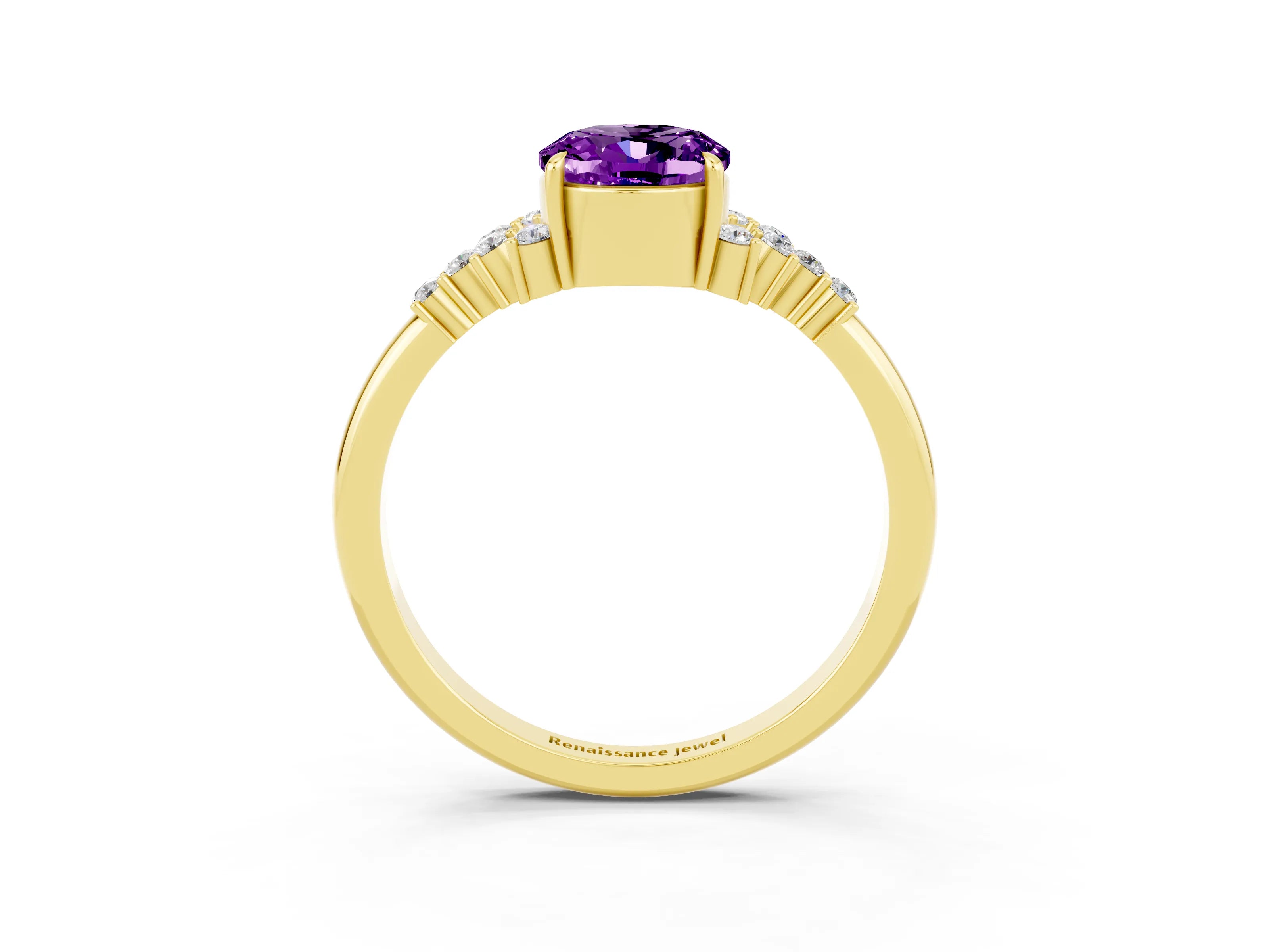 Yellow gold Oval Cut Amethyst Ring with Side Stones and Four-Prong Setting_75