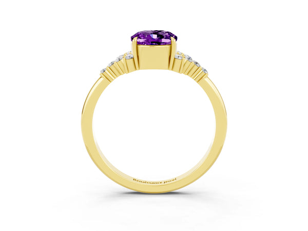 Yellow gold Oval Cut Amethyst Ring with Side Stones and Four-Prong Setting