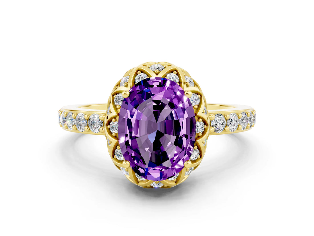 Yellow gold Oval Cut Amethyst Scalloped Halo Engagement Ring with Round Shared Prong Band_12