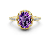 Yellow gold Oval Cut Amethyst Scalloped Halo Engagement Ring with Round Shared Prong Band_12
