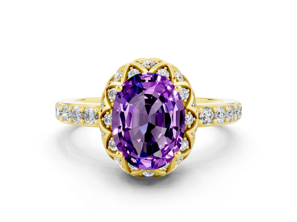Yellow gold Oval Cut Amethyst Scalloped Halo Engagement Ring with Round Shared Prong Band