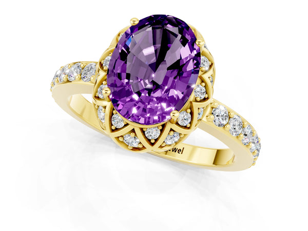 Yellow gold Oval Cut Amethyst Scalloped Halo Engagement Ring with Round Shared Prong Band
