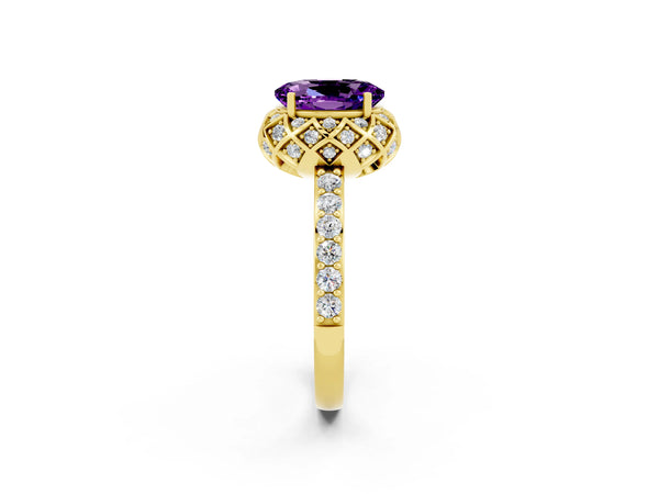 Yellow gold Oval Cut Amethyst Scalloped Halo Engagement Ring with Round Shared Prong Band