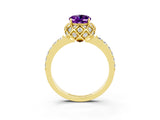 Yellow gold Oval Cut Amethyst Scalloped Halo Engagement Ring with Round Shared Prong Band_15