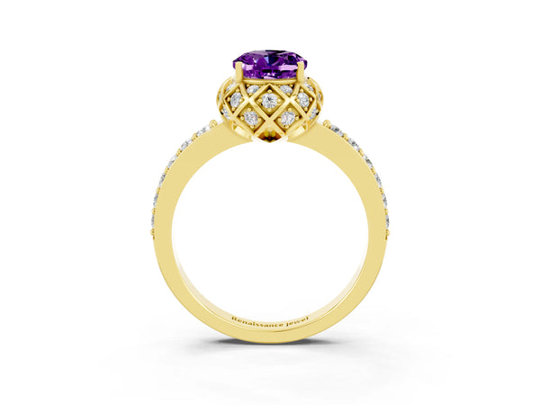 Yellow gold Oval Cut Amethyst Scalloped Halo Engagement Ring with Round Shared Prong Band