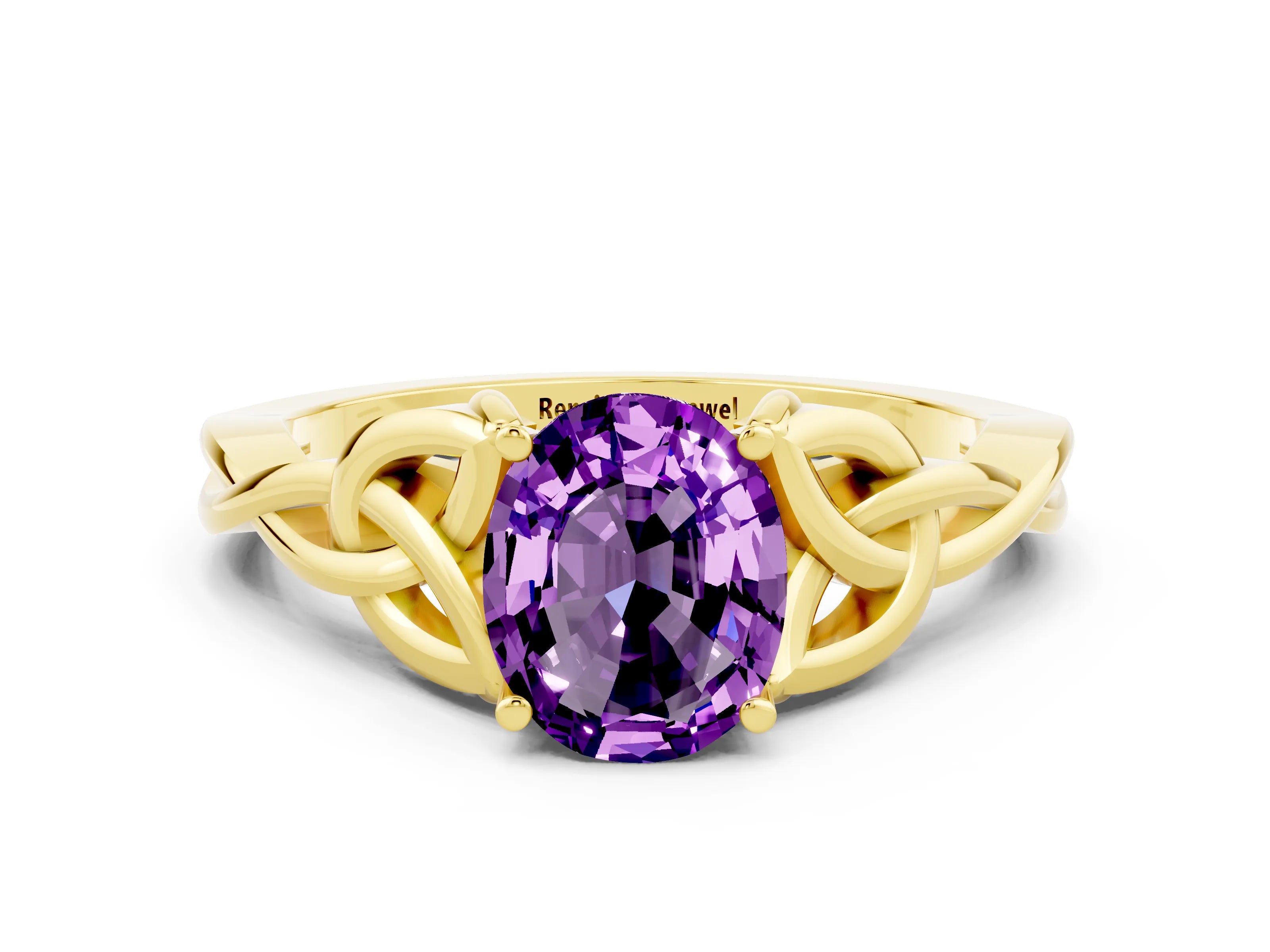 Yellow gold Oval Cut Amethyst Solitaire Celtic Knot Ring with Four-Prong Setting_12