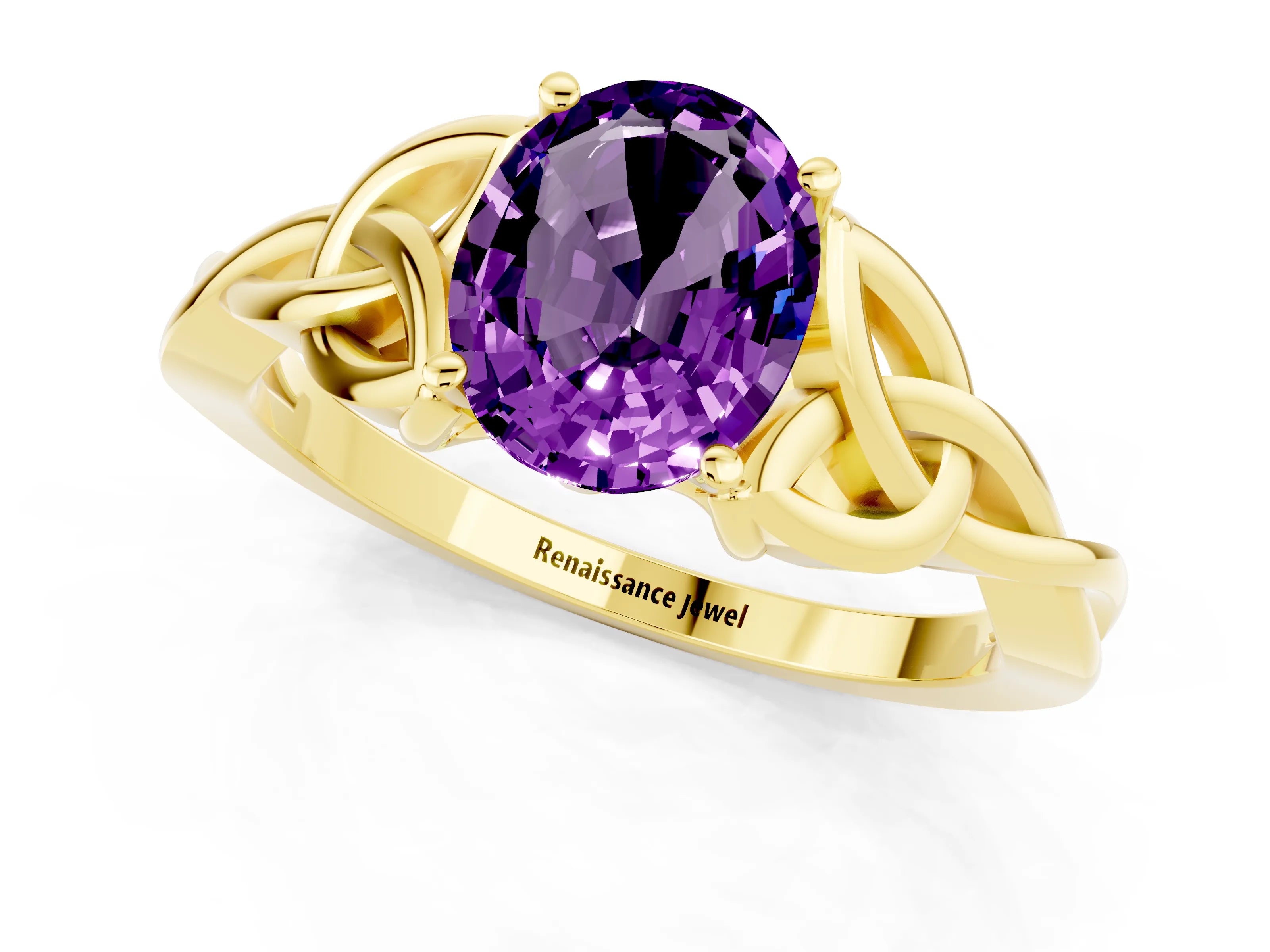 Yellow gold Oval Cut Amethyst Solitaire Celtic Knot Ring with Four-Prong Setting_13