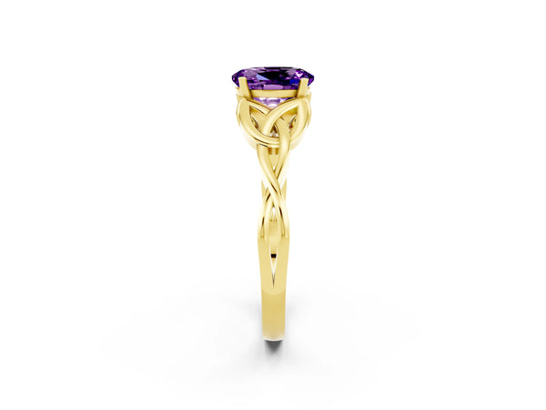 Yellow gold Oval Cut Amethyst Solitaire Celtic Knot Ring with Four-Prong Setting